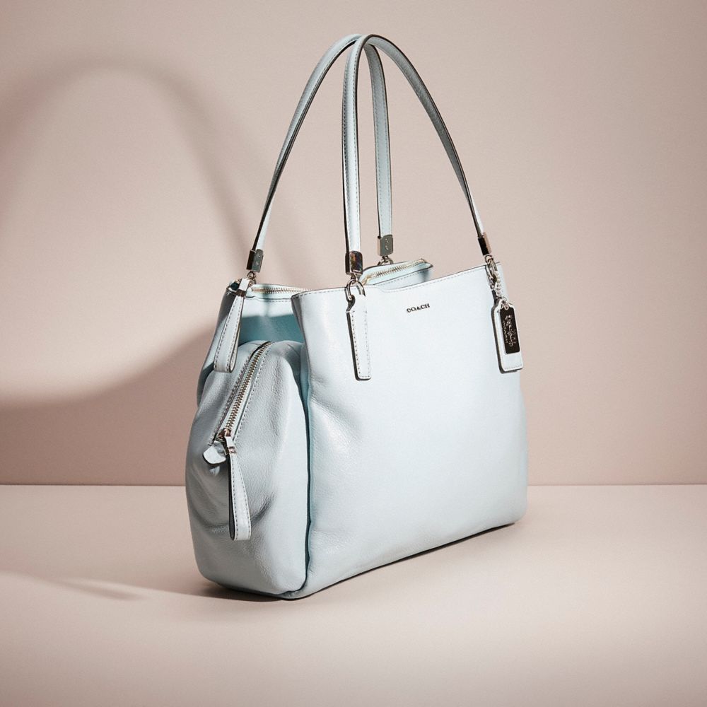 COACH®,RESTORED CAFE CARRYALL,Smooth Leather,Silver/Sea Mist,Angle View