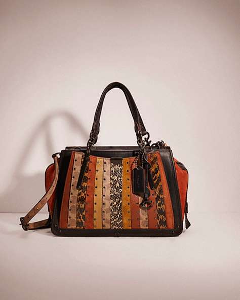 COACH®,RESTORED DREAMER WITH SIGNATURE CANVAS PATCHWORK STRIPES AND SNAKESKIN DETAIL,Smooth Leather,Small,Pewter/Tan Black Multi,Front View