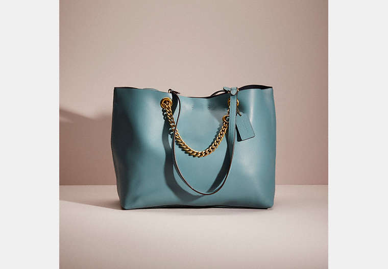 COACH®,RESTORED SIGNATURE CHAIN CENTRAL TOTE,Smooth Leather,Brass/Marine,Front View
