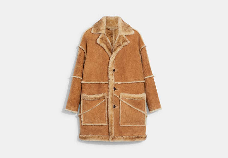 COACH®,SHEARLING TOWN COAT,Leather,Brown,Front View