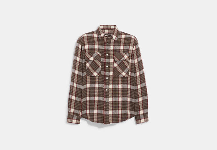 COACH®,OVERSIZED FLANNEL SHIRT,cotton,Brown/White,Front View
