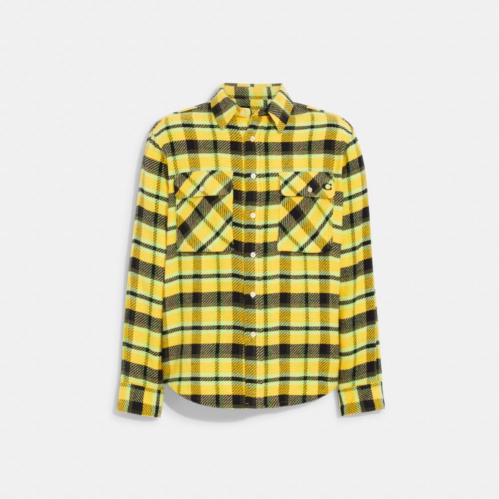 COACH®,OVERSIZED FLANNEL SHIRT,cotton,Yellow Multi,Front View