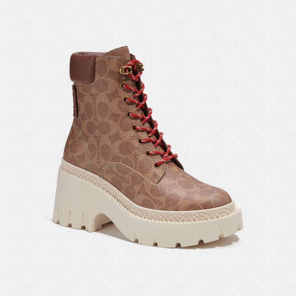 COACH®,AINSELY BOOTIE IN SIGNATURE CANVAS,Tan,Front View