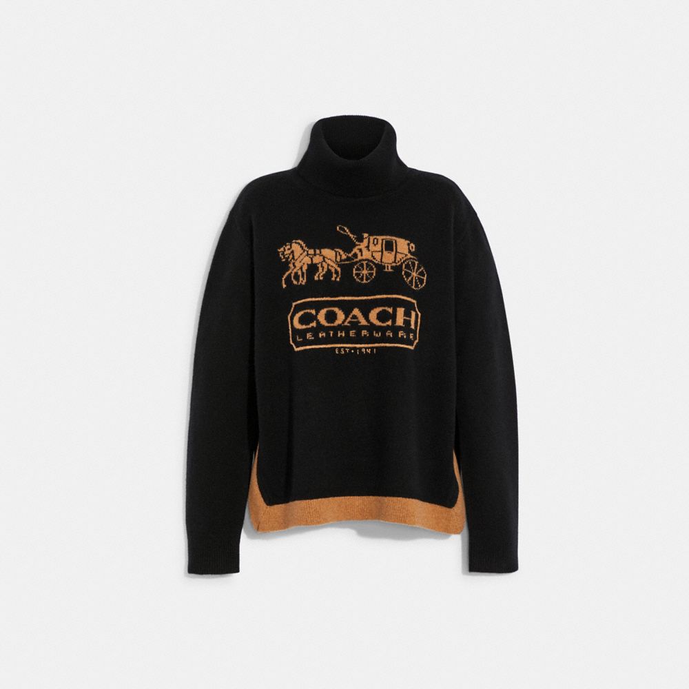 COACH®,COLORBLOCK HORSE AND CARRIAGE SWEATER,wool,Brown/Multi,Front View image number 0