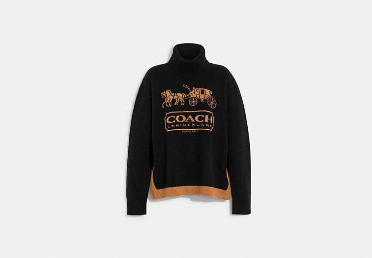 COACH®,COLORBLOCK HORSE AND CARRIAGE SWEATER,wool,Brown/Multi,Front View