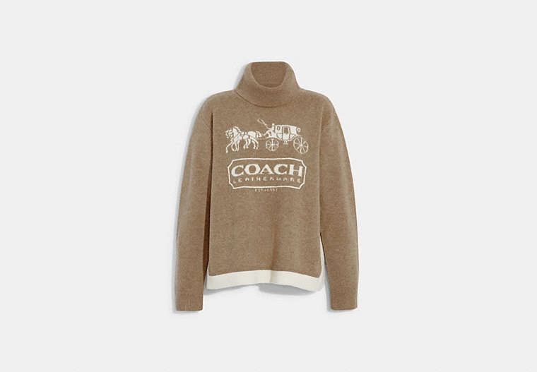 COACH®,COLORBLOCK HORSE AND CARRIAGE SWEATER,wool,Tan Multi,Front View