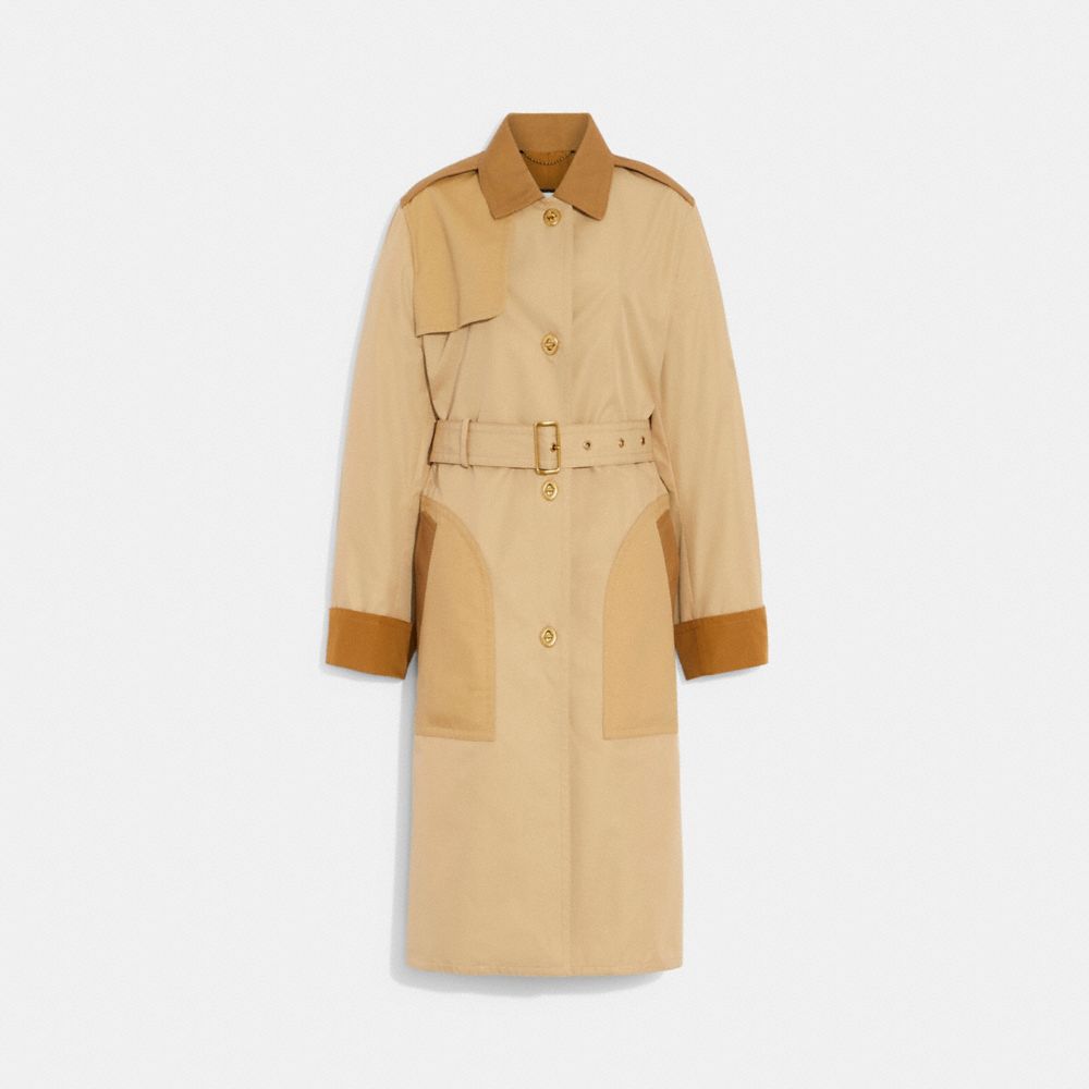 COACH®,TURNLOCK TRENCH COAT IN RECYCLED POLYESTER AND ORGANIC COTTON,Light Khaki Multi,Front View image number 0