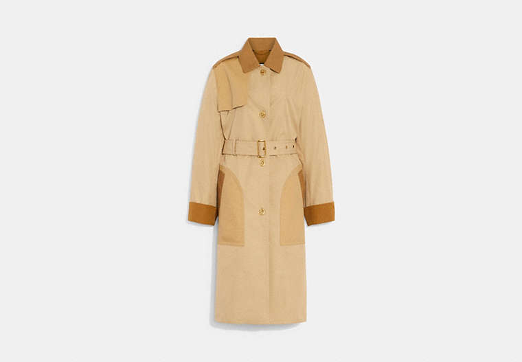 COACH®,TURNLOCK TRENCH COAT IN RECYCLED POLYESTER AND ORGANIC COTTON,Polyester,Light Khaki Multi,Front View