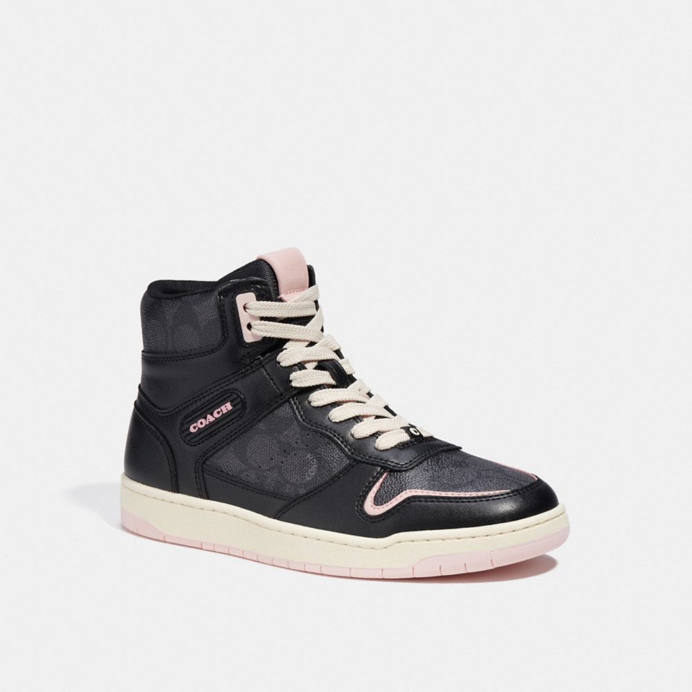 COACH®,HIGH TOP SNEAKER IN SIGNATURE CANVAS,Leather,Black,Front View