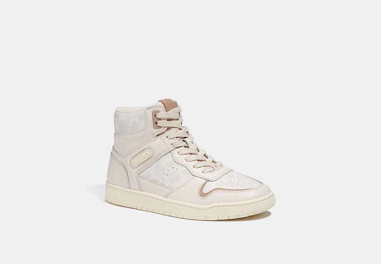 COACH®,HIGH TOP SNEAKER IN SIGNATURE CANVAS,Leather,Chalk,Front View