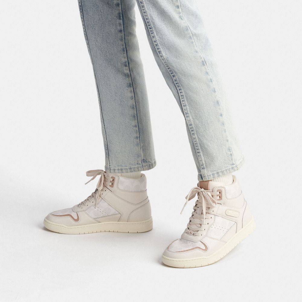 Coach Retro Signature Canvas & Leather Chalk High Top Sneakers