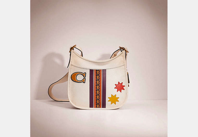 COACH®,UPCRAFTED EMERY CROSSBODY WITH VARSITY STRIPE,Pebble Leather,Medium,Brass/Chalk Multi,Front View