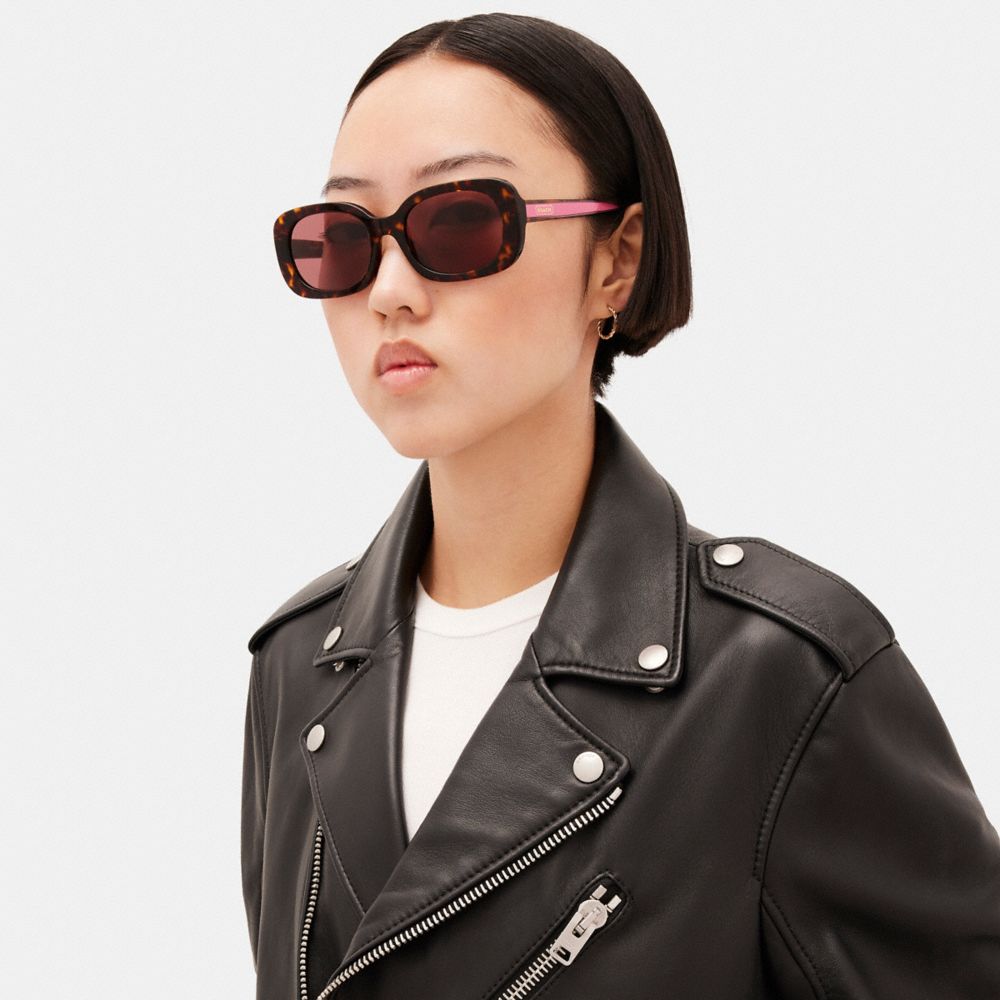 COACH®,Badge Rounded Square Sunglasses,Rectangle,Plastic,Metal,Logo,Integrated Nose Pads,Casual,Maroon,Angle View