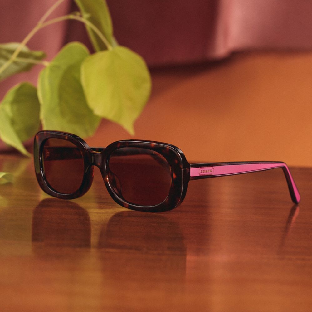 COACH®,Badge Rounded Square Sunglasses,Rectangle,Plastic,Metal,Logo,Integrated Nose Pads,Casual,Maroon,Detail View
