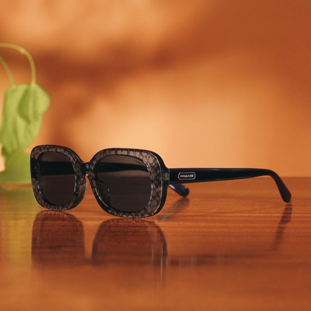 COACH®,Badge Rounded Square Sunglasses,Rectangle,Plastic,Metal,Logo,Integrated Nose Pads,Casual,Gray,Detail View