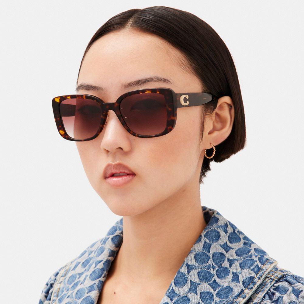 COACH®,C Hardware Oversized Square Sunglasses,Butterfly Frame,Plastic,Metal,Logo,Adjustable Nose Pads,Casual,,Angle View