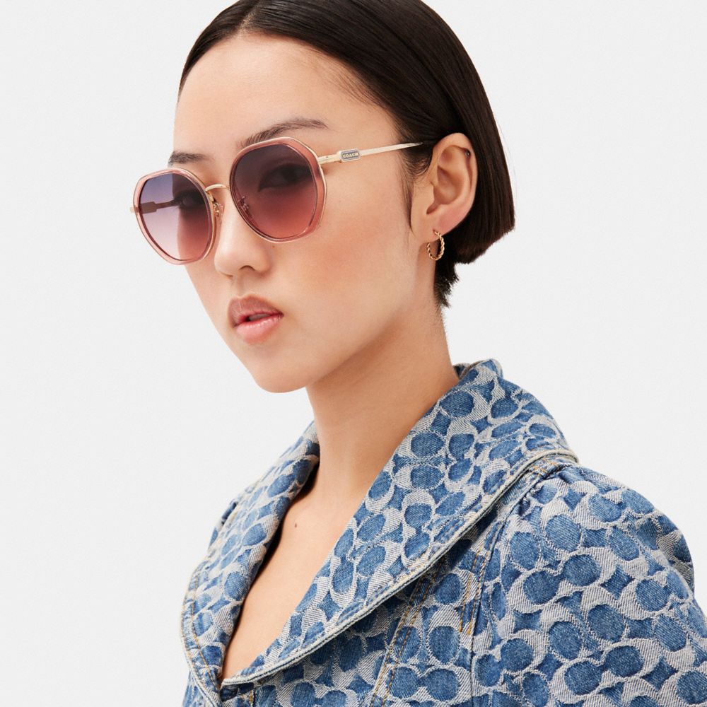 COACH®,Badge Round Geometric Sunglasses,,Angle View