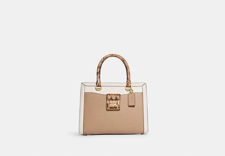 COACH®,GRACE CARRYALL IN COLORBLOCK,Refined Pebble Leather,Medium,Gold/Taupe Multi,Front View image number 0