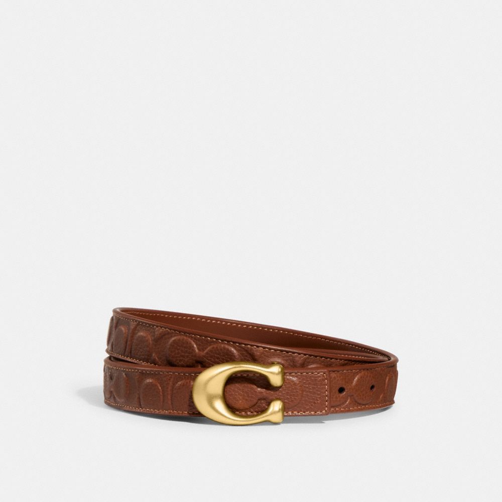 COACH®,SCULPTED SIGNATURE BUCKLE CUT-TO-SIZE REVERSIBLE BELT, 25MM,Brass/Saddle,Front View