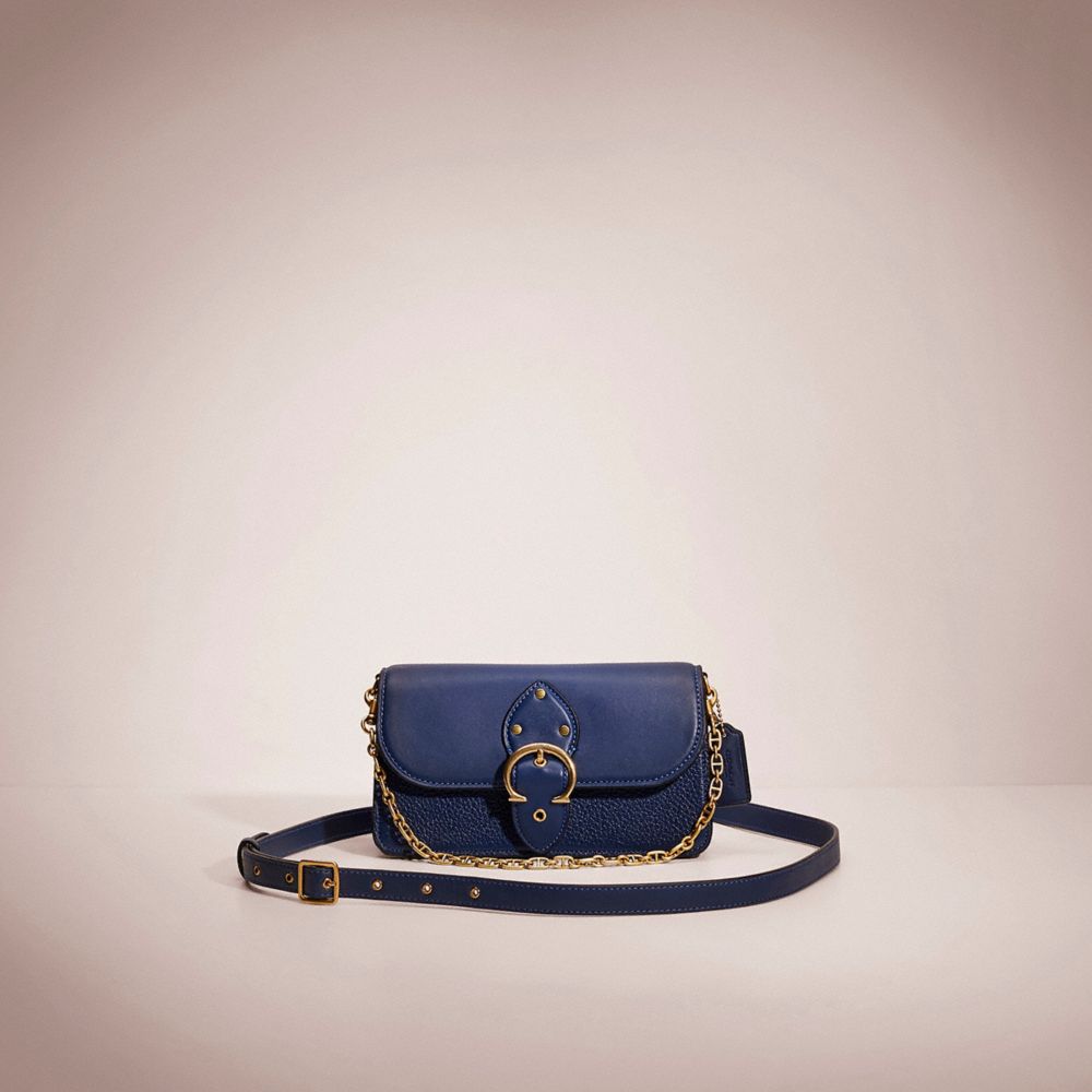 COACH®,RESTORED BEAT CROSSBODY CLUTCH,Glovetanned Leather,Mini,Brass/Deep Blue,Front View