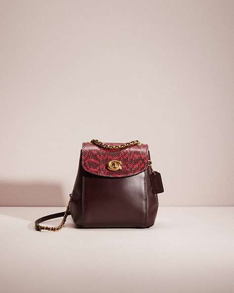 COACH®,RESTORED PARKER CONVERTIBLE BACKPACK 16 WITH SNAKESKIN DETAIL,Smooth Leather,Brass/Deep Red,Front View