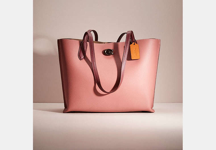 COACH®,RESTORED WILLOW TOTE IN COLORBLOCK WITH SIGNATURE CANVAS INTERIOR,Polished Pebble Leather,Large,Pewter/Vintage Pink Multi,Front View
