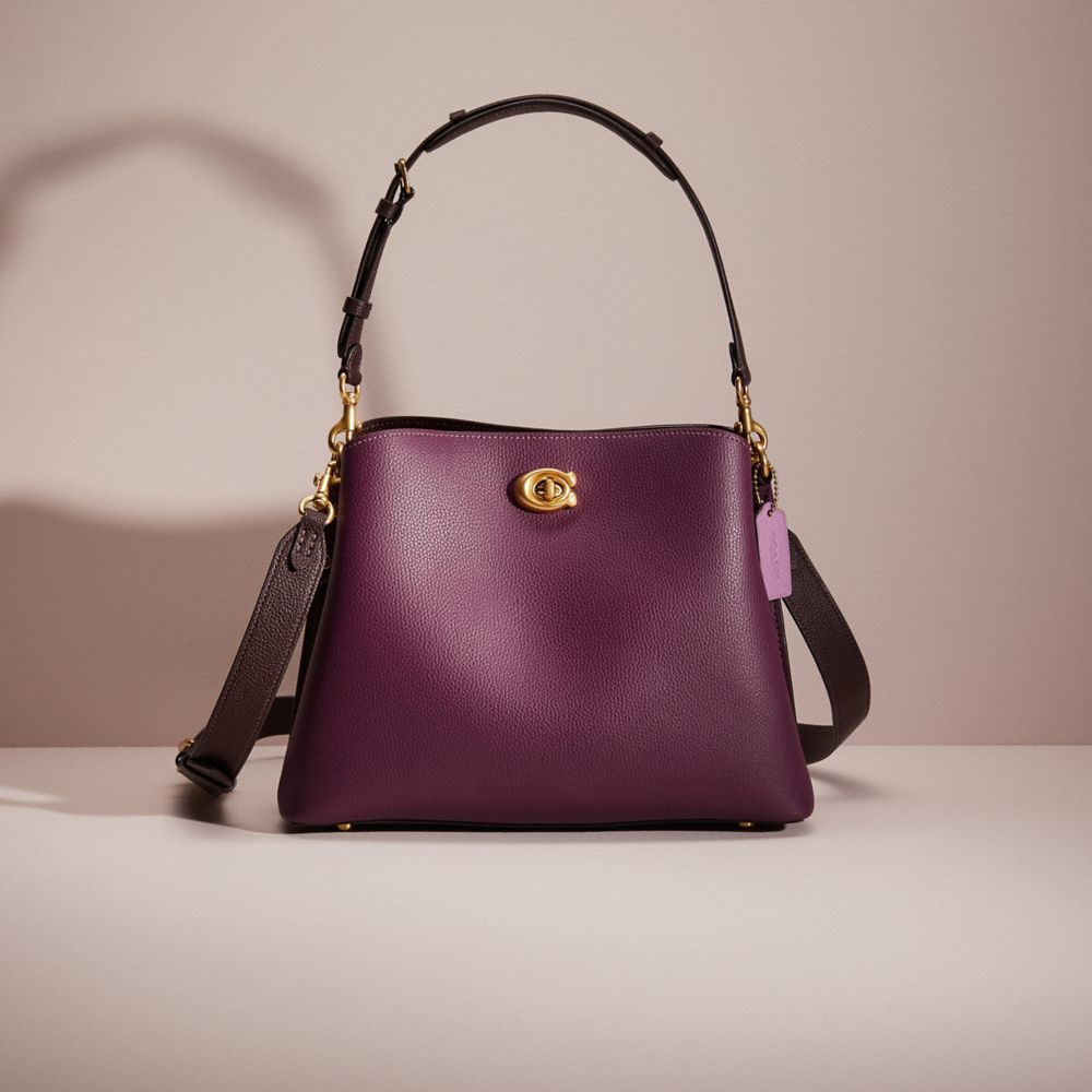COACH®,RESTORED WILLOW SHOULDER BAG IN COLORBLOCK,Polished Pebble Leather,Medium,Brass/Deep Berry Multi,Front View