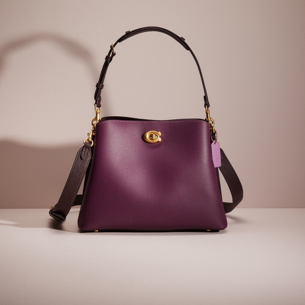 COACH®,Restored Willow Shoulder Bag In Colorblock,Leather,Shoulder Bag,Logo,Metal,Casual,Purple,Front View