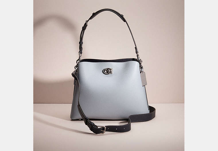 COACH®,RESTORED WILLOW SHOULDER BAG IN COLORBLOCK,Polished Pebble Leather,Medium,Silver/Grey Blue Multi,Front View