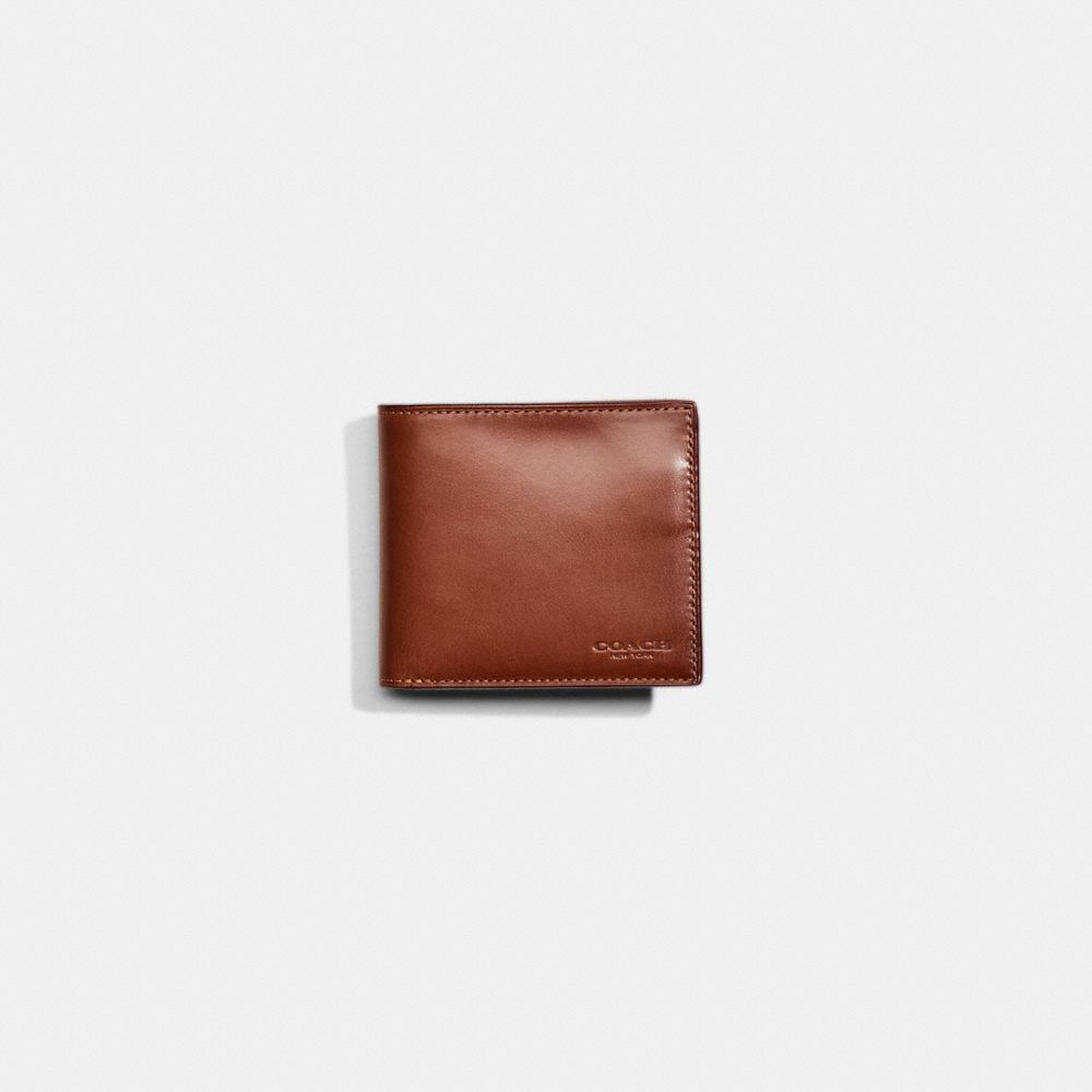 COACH®,Restored Double Billfold Wallet,Leather,Bi Fold,Engraved Detail,Logo,Casual,Brown,Front View