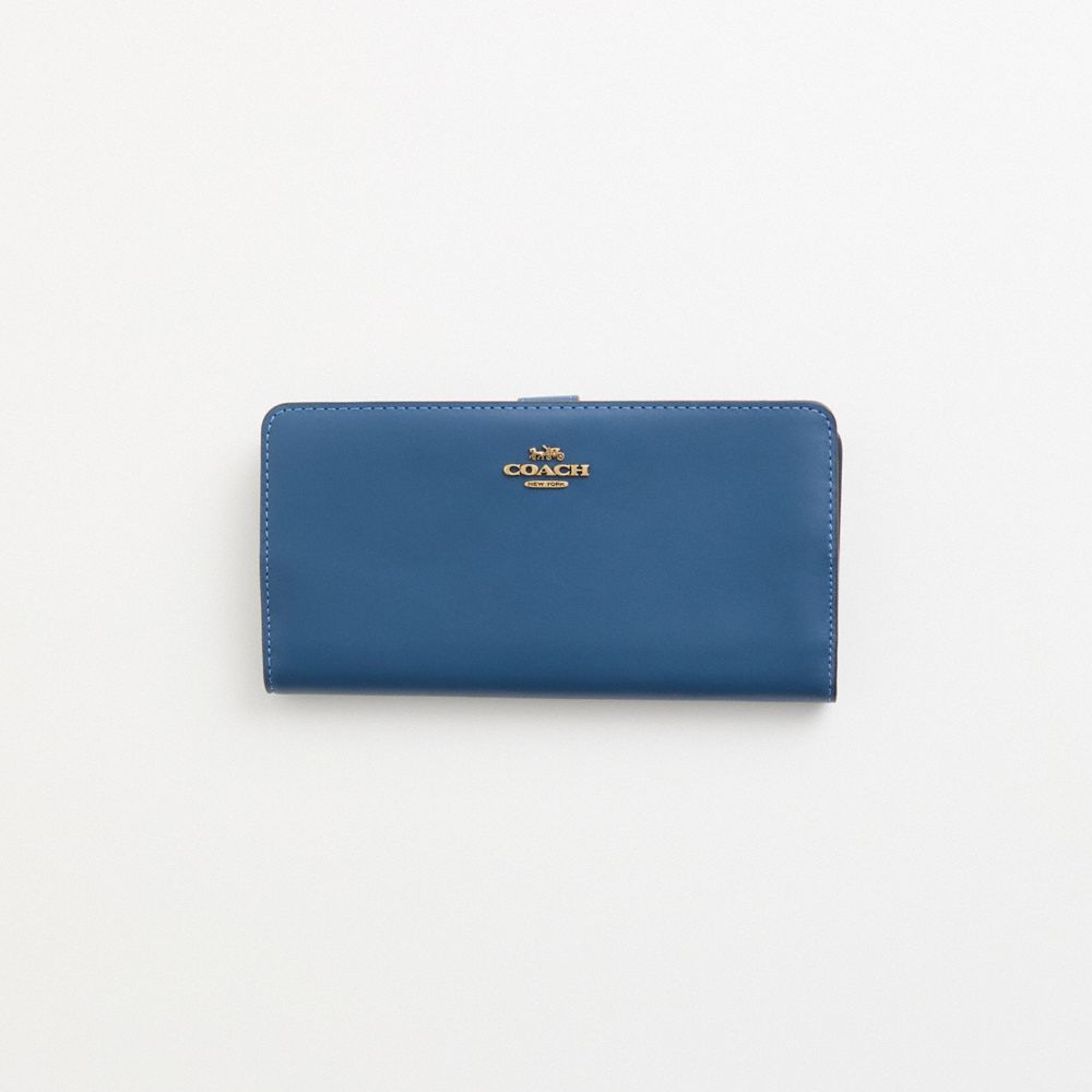 COACH®,Restored Skinny Wallet,Leather,Continental,Bi Fold,Metal,Logo,Casual,Blue,Front View