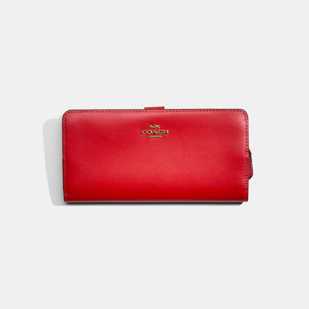 COACH®,Restored Skinny Wallet,Leather,Bi Fold,Continental,Metal,Logo,Casual,Red,Front View