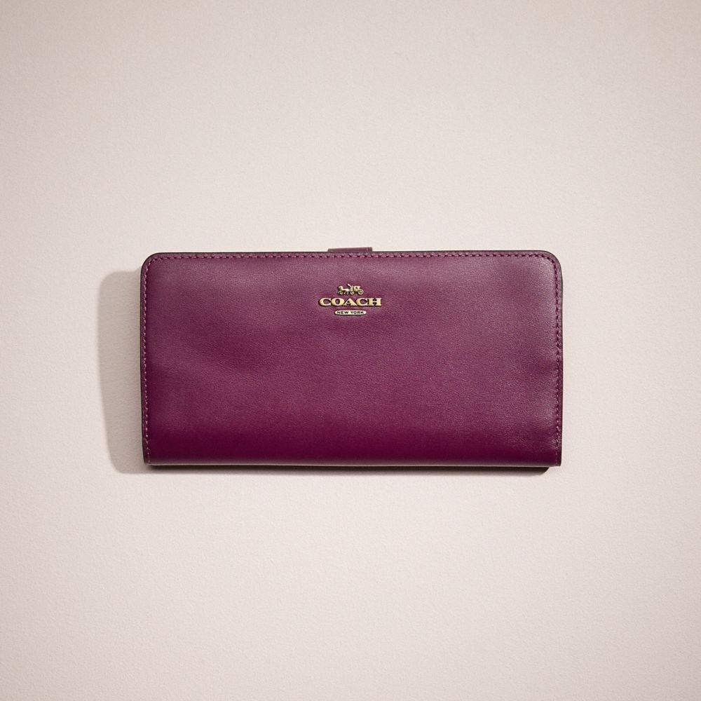 COACH®,Restored Skinny Wallet,Leather,Bi Fold,Continental,Metal,Logo,Casual,Maroon,Front View