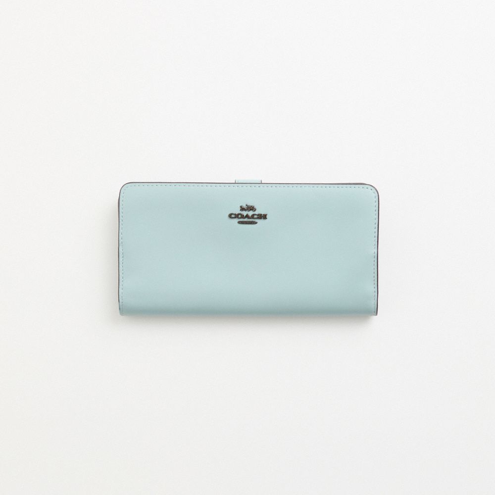 COACH®,Restored Skinny Wallet,Leather,Bi Fold,Continental,Metal,Logo,Casual,Blue,Front View