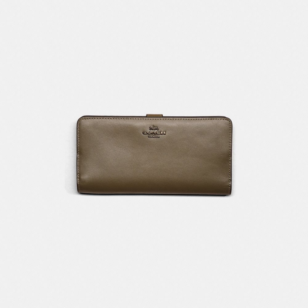 COACH®,Restored Skinny Wallet,Leather,Bi Fold,Continental,Metal,Logo,Casual,Olive,Front View