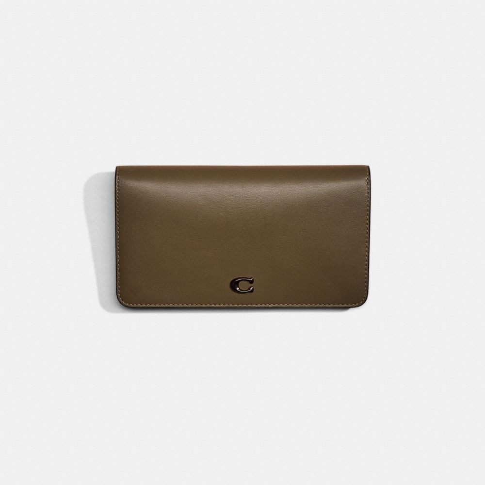 COACH®,RESTORED SLIM WALLET,Polished Pebble Leather,Mini,Pewter/Army Green,Front View