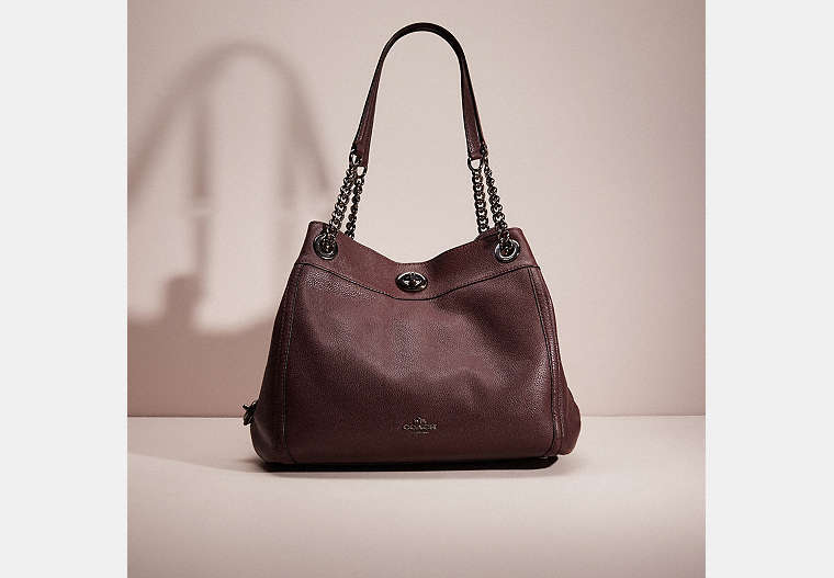 COACH®,RESTORED TURNLOCK EDIE SHOULDER BAG,Polished Pebble Leather,Large,Burgundy/Dark Gunmetal,Front View