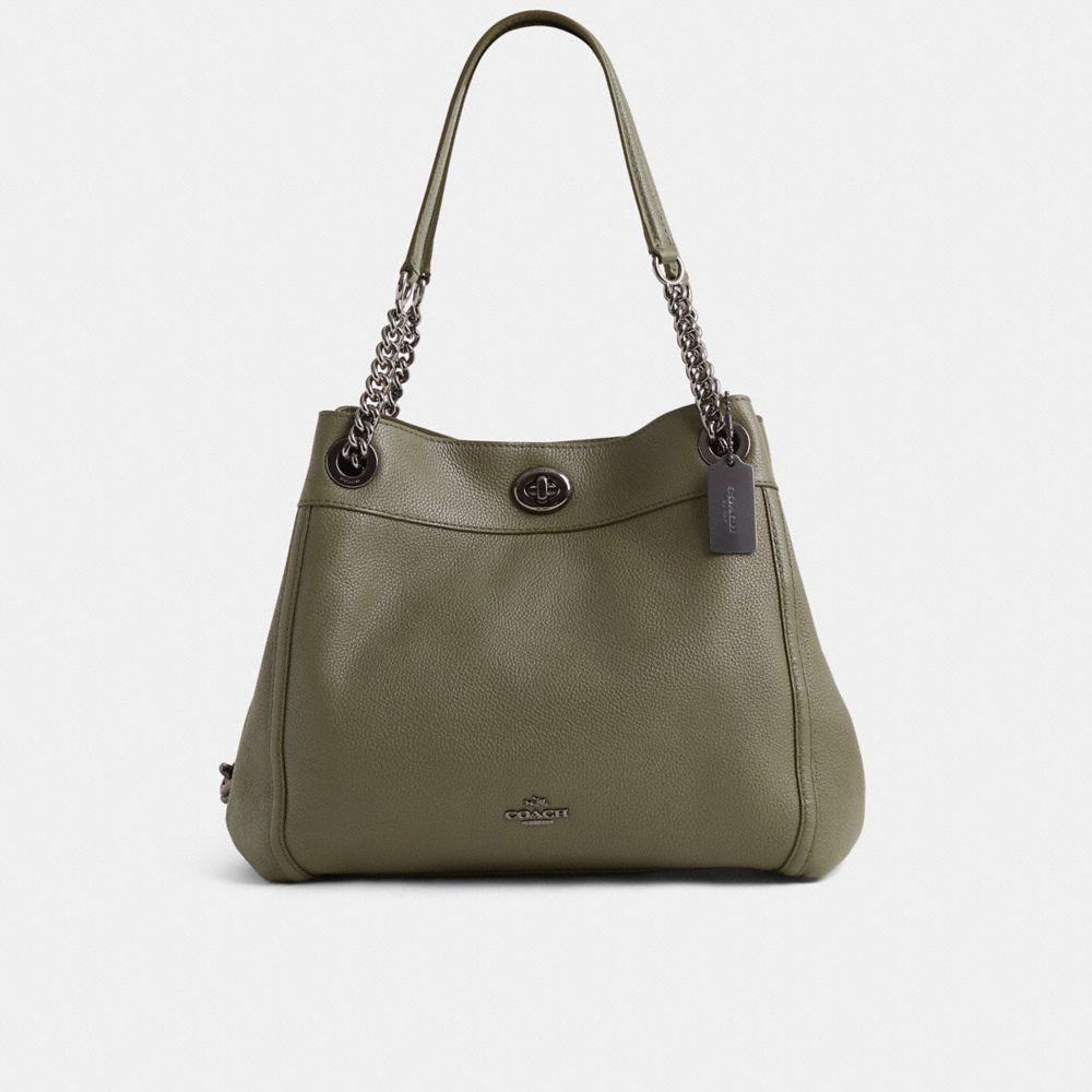 COACH®,Restored Turnlock Edie Shoulder Bag,Leather,Shoulder Bag,Metal Material,Logo,Sustainable,Silver Metal,Casual,,Front View