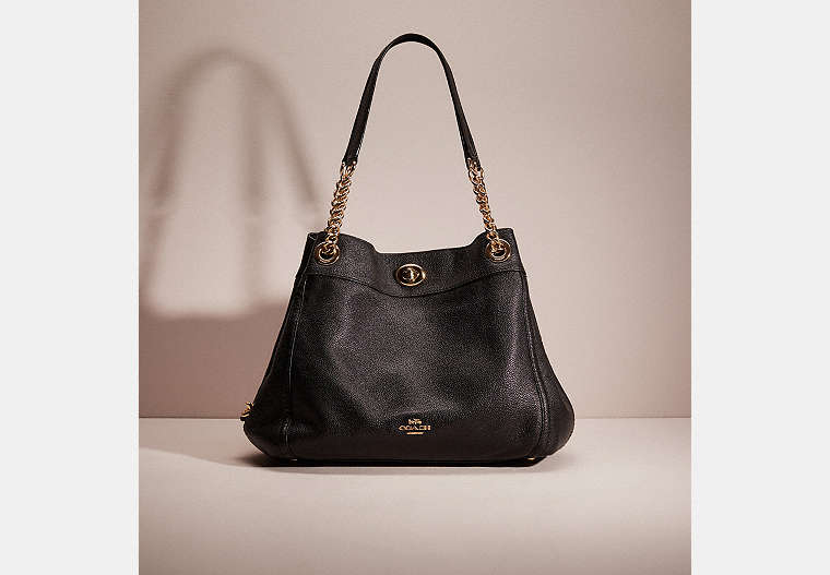 COACH®,RESTORED TURNLOCK EDIE SHOULDER BAG,Polished Pebble Leather,Large,Light Gold/Black,Front View