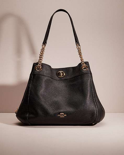 COACH®,RESTORED TURNLOCK EDIE SHOULDER BAG,Polished Pebble Leather,Large,Light Gold/Black,Front View