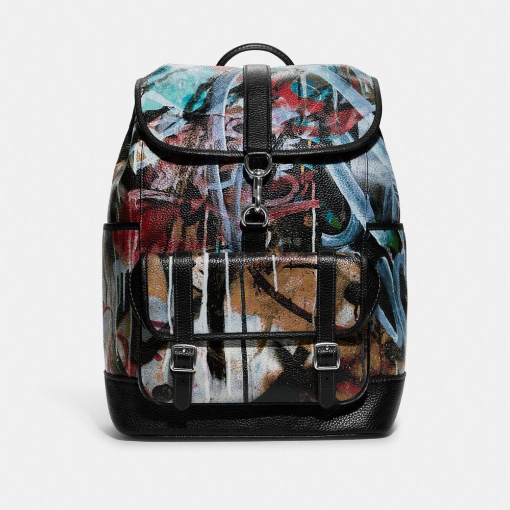 COACH®,COACH X MINT + SERF CARRIAGE BACKPACK,Pebble Leather,X-Large,Black Multicolor,Front View