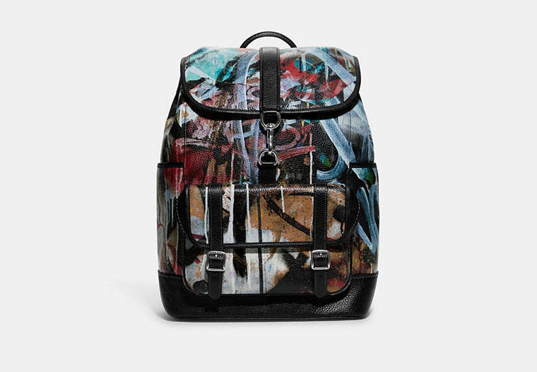 COACH®,COACH X MINT + SERF CARRIAGE BACKPACK,Pebble Leather,Black Multicolor,Front View