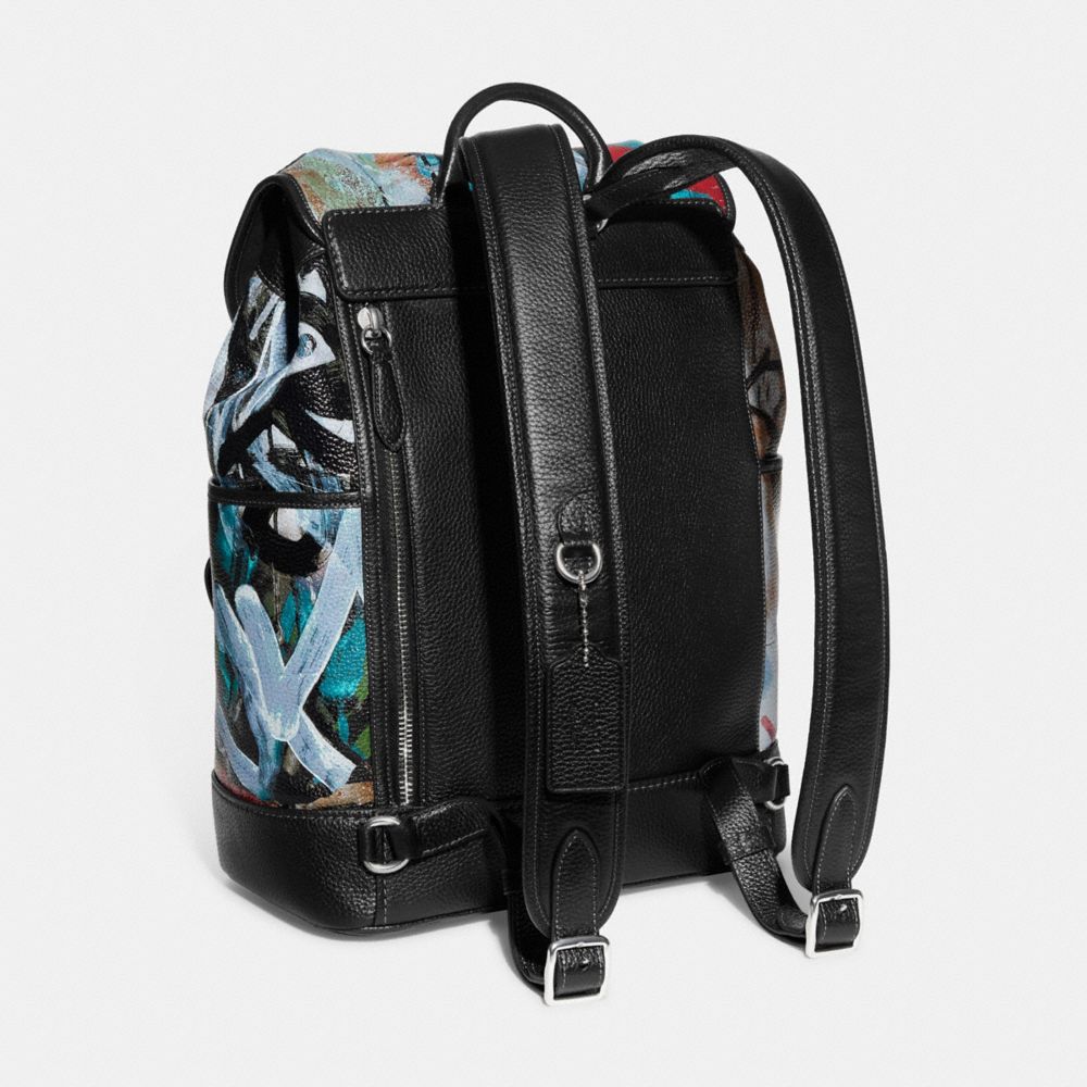 COACH®,COACH X MINT + SERF CARRIAGE BACKPACK,Pebble Leather,X-Large,Black Multicolor,Angle View