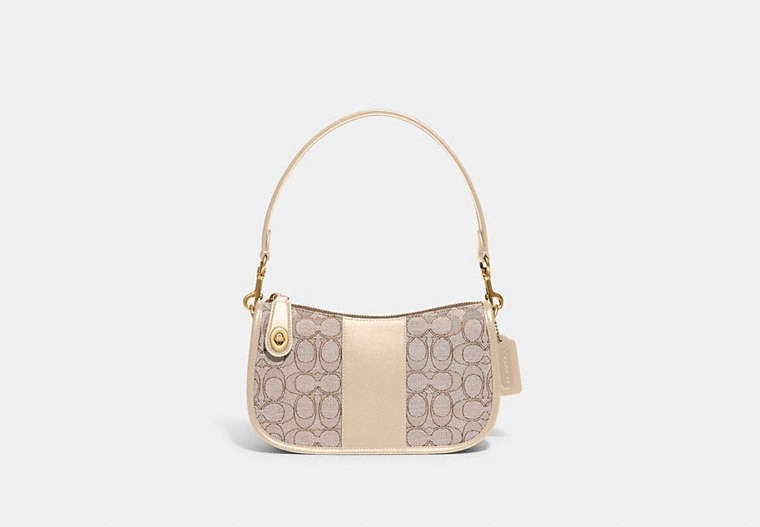 COACH®,SWINGER BAG IN SIGNATURE JACQUARD,Jacquard,Medium,Brass/Stone Ivory,Front View image number 0
