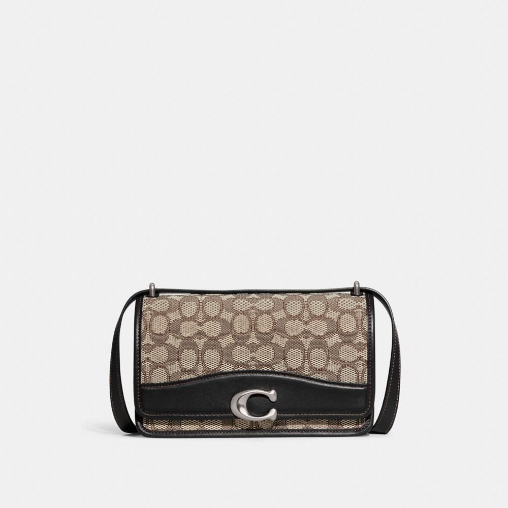 COACH®,BANDIT SHOULDER BAG IN SIGNATURE TEXTILE JACQUARD,Leather,Small,Silver/Cocoa Black,Front View