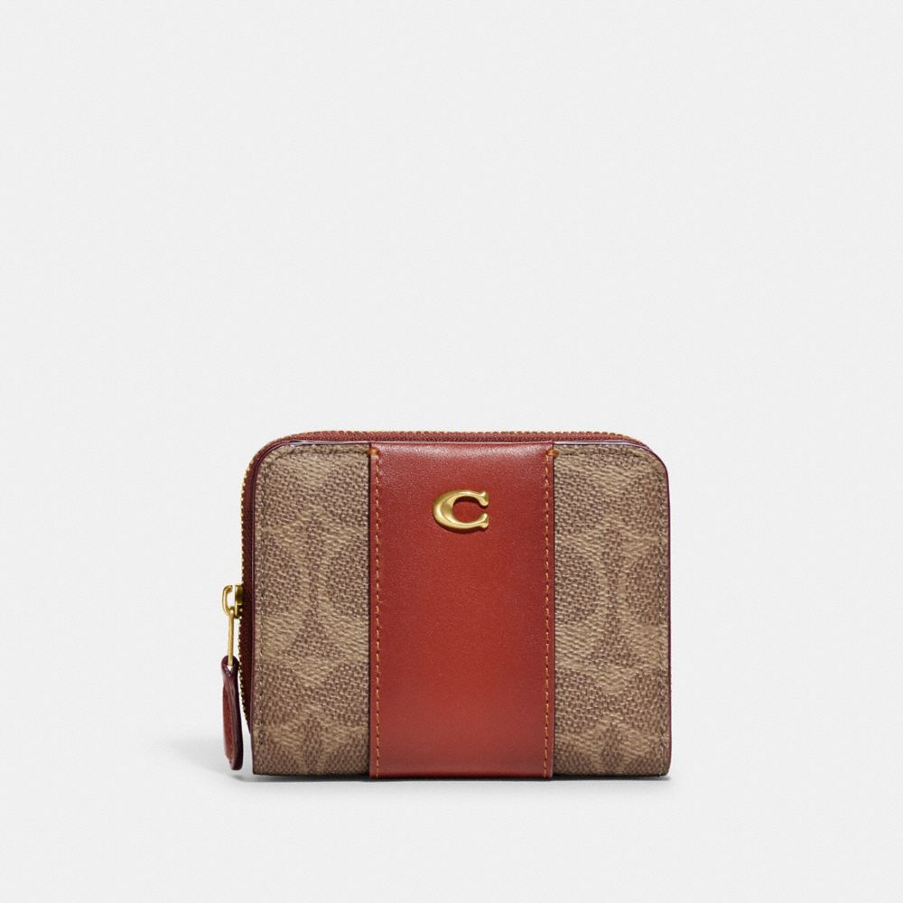 COACH®,BILLFOLD WALLET IN COLORBLOCK SIGNATURE CANVAS,Signature Coated Canvas,Mini,Brass/Tan/Rust,Front View