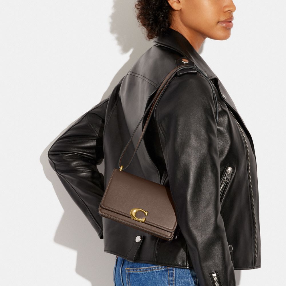 COACH®,Bandit Crossbody Bag,Leather,Crossbody,Logo,Metal,Pen Holder,Silver Metal,Casual,Brown,Detail View