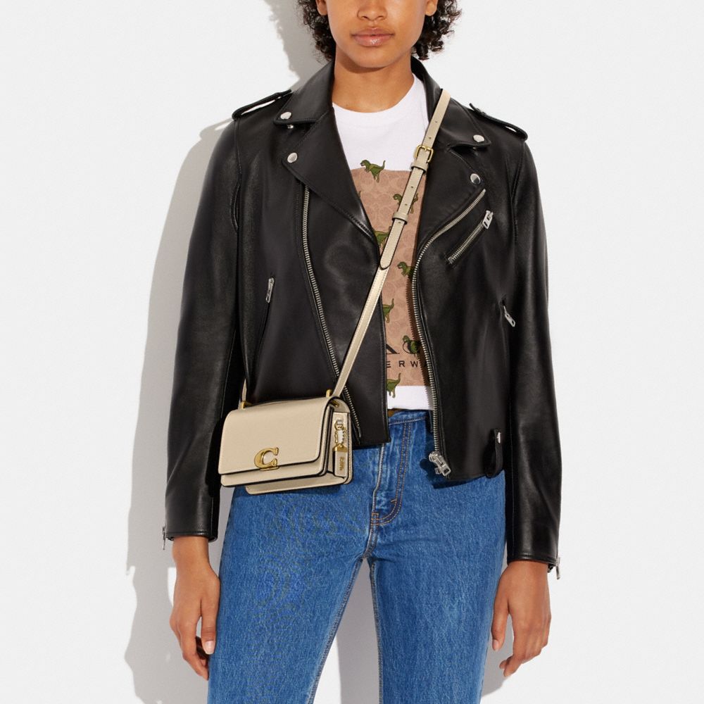 COACH®,Bandit Crossbody Bag,Leather,Crossbody,Metal,Logo,Pen Holder,Silver Metal,Casual,Beige,Detail View