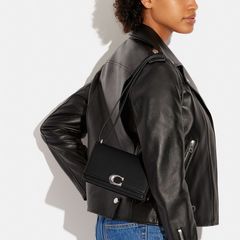 COACH®,Bandit Crossbody Bag,Leather,Crossbody,Metal,Logo,Pen Holder,Silver Metal,Casual,Black,Detail View