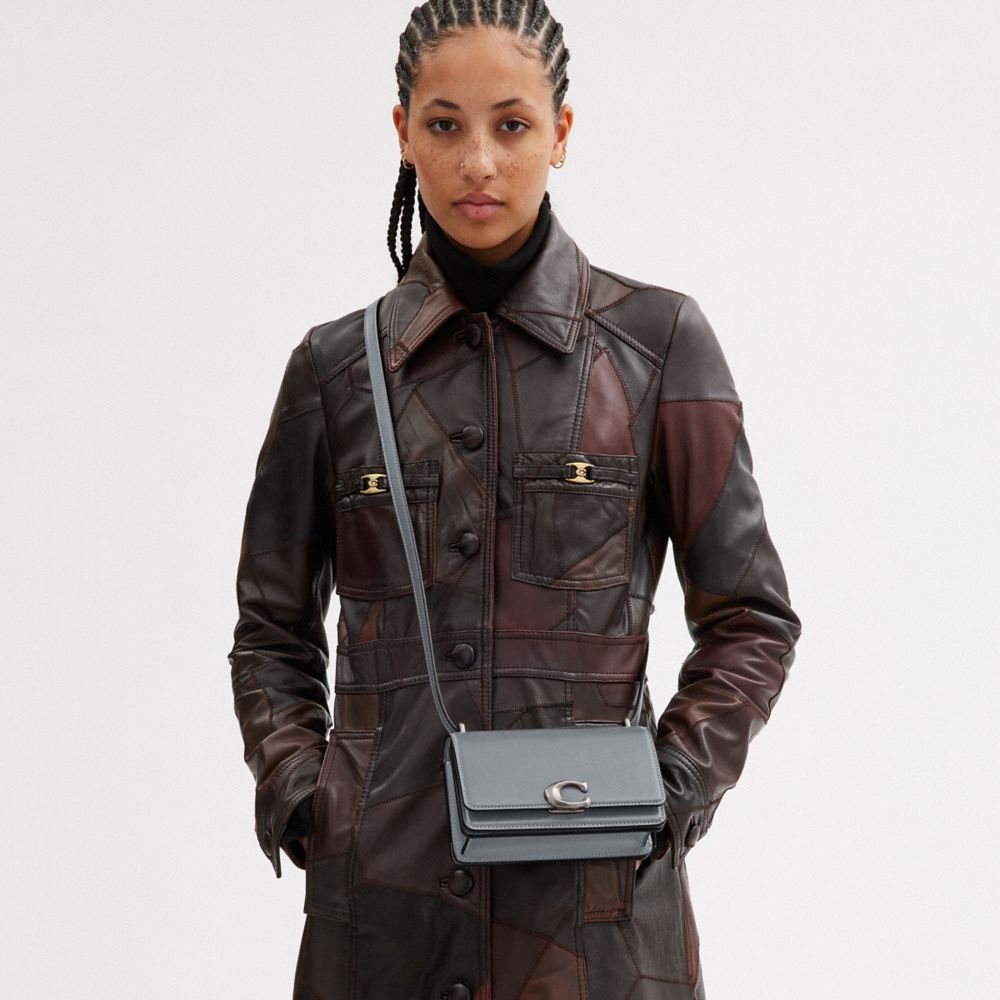 COACH®,Bandit Crossbody Bag,Calf Hair,Leather,Crossbody,Logo,Metal,Pen Holder,Silver Metal,Casual,Gray,Detail View